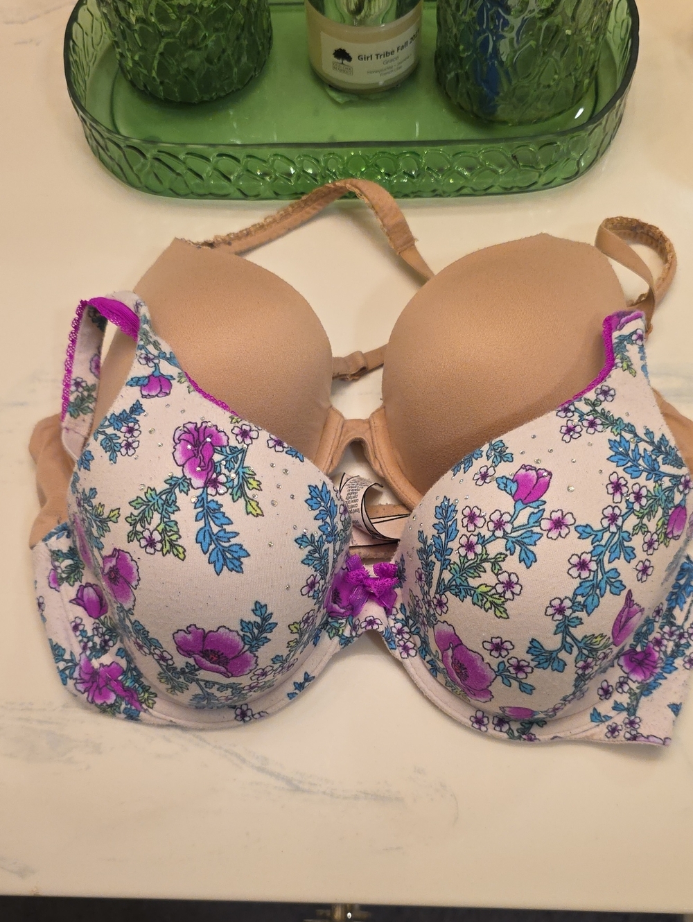 Victoria's Secret Beige Bra with Purple & Blue Floral Print Body By Victoria